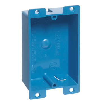 One-Gang Old Work Outlet Box, Volume 8 Cubic Inches, Length 3-5/8 Inches, Width 2-3/8 Inches, Depth 1-1/4 Inches, Color Blue, Material PVC, Mounting Means Mounting Ears