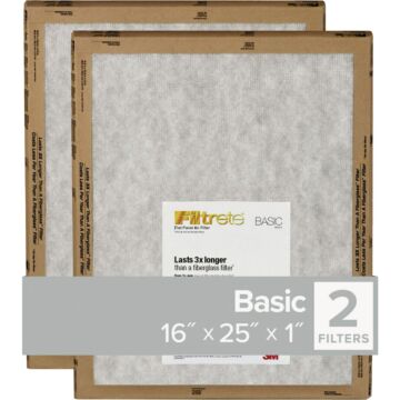 3M Filtrete 16 In. x 25 In. x 1 In. Basic MPR Flat Panel Furnace Filter, (2-Pack)