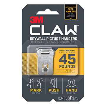 3M CLAW™ Drywall Picture Hanger 45 lb with Temporary Spot Marker 3PH45M-3ES, 3 hangers, 3 markers