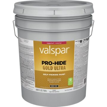 Valspar Pro-Hide Gold Ultra Zero VOC Latex Eggshell Interior Wall Paint, Super One-Coat White, 5 Gal.