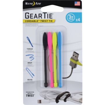 Nite Ize Gear Tie Cordable 3 In. Assorted Color Rubber Twist Tie (4-Pack)