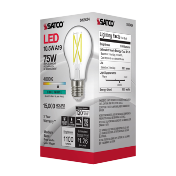 Satco 10.5 Watt A19 LED Filament - Clear - Medium Base - 4000K - 90 CRI - 120 Volt