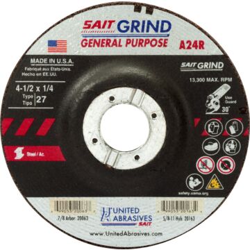 United Abrasives A24R General Purpose/Long Life Grinding Wheel (Type 27/Depressed Center) 4-1/2 in. x 1/4 in. x 7/8 in.