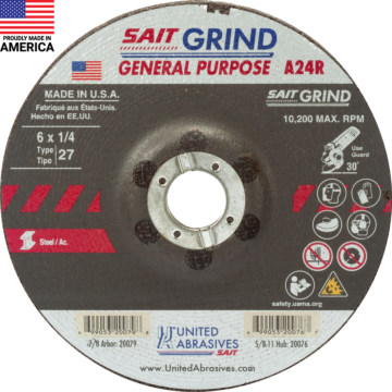 United Abrasives 20079 A24R General Purpose/Long Life Grinding Wheel (Type 27/Depressed Center) 6" x 1/4" x 7/8", 25-Pack
