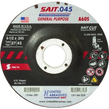 United Abrasives A60S General Purpose Cut-Off Wheel (Type 27/Type 42 Depressed Center) 4-1/2 in. x .045 in. x 7/8 in.