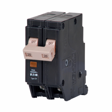 Eaton CH Thermal magnetic circuit breaker, Type CHF 3/4-Inch standard circuit breaker, 20 A, 10 kAIC, Two-pole, 120/240V, CHF, Trip flag, common breaker trip, (1) #14-8 AWG, (2) #14-10 AWG Cu/Al, CHF, Type CH Loadcenters