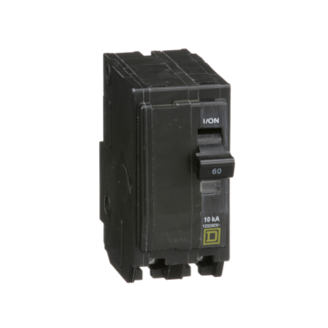 Square D Mini circuit breaker, QO, 60A, 2 pole, 120/240VAC, 10kA, plug in, clam