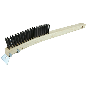 Hand Wire Scratch Brush w/Scraper, .012 Carbon Steel Fill, Curved Handle, 3 x 19 Rows