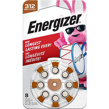 Energizer Hearing Aid Batteries Size 312, Brown Tab, 8 Pack