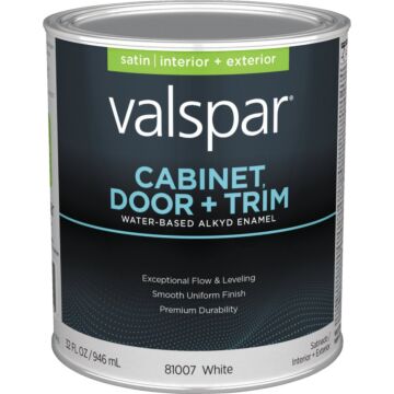 Valspar Cabinet Door & Trim Waterborne Alkyd Satin Interior/Exterior Enamel, Bright White Base, 1 Qt.