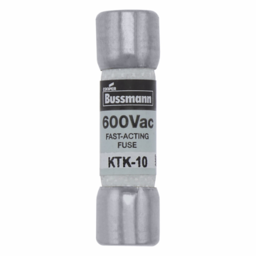 Eaton Bussmann series KTK fuse, LIMITRON Fast-acting fuse, Control circuits, lighting circuit protection, meter circuits, 10 A, Non-indicating, Ferrule end x ferrule end, 100 kAIC at 600 V, Nickel-plated bronze endcap,Melamine tube, 600 V