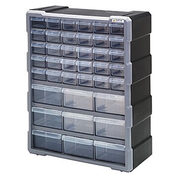 QUANTUM STORAGE SYSTEMS PDC-39BK Small Parts Organizer, 15 in L, 6-1/4 in W, 18-3/4 in H, 39-Drawer, Polypropylene