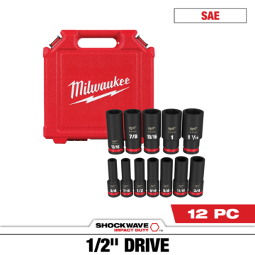 Milwaukee 12PC SHOCKWAVE™ Impact Duty 1/2" Drive SAE Deep 6 Point Socket Set