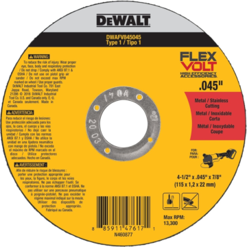 DEWALT FLEXVOLT 4-1/2 In x .045 in Abrasive Chop / Cut-Off Blade with 7/8 in Arbor For Stainless & Mild Steel Cutting (5 Pack)