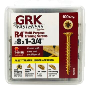 GRK Fasteners R4 02075 Framing and Decking Screw, #8 Thread, 1-3/4 in L, Star Drive, Steel, 100 PK