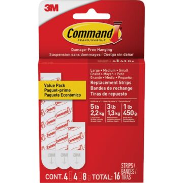 Command Assorted Adhesive Strips, White, 8 Small, 4 Medium, 4 Large Strips