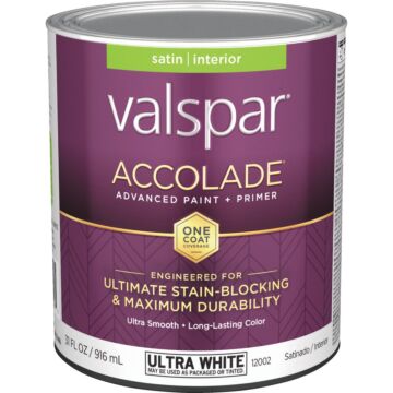 Valspar Accolade Super Premium 100% Acrylic Paint & Primer Satin Interior Wall Paint, Ultra White Base, 1 Qt.