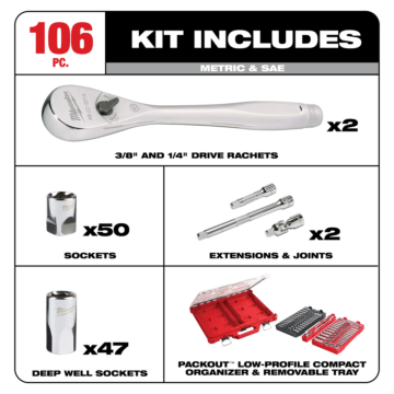 Milwaukee 106pc 1/4" and 3/8" Metric & SAE Ratchet and Socket Set with PACKOUT™ Low-Profile Organizer
