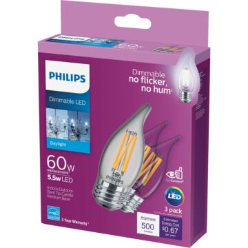 Philips 60W Equivalent Daylight BA11 Medium LED Decorative Light Bulb (3-Pack)
