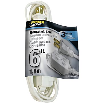 PowerZone Extension Cord, 16 AWG Cable, 6 ft L, 13 A, 125 V, White