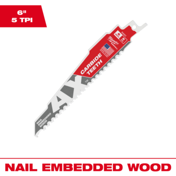 Milwaukee 6" 5 TPI AX™ with Carbide Teeth SAWZALL® Blade for Wood with Nails (1 PK)