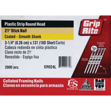 Grip-Rite 21 Degree Plastic Strip Bright Full Round Head Framing Stick Nail, 3-1/4 In. x .131 In. (2000 Ct.)