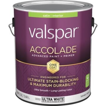 Valspar Accolade Super Premium 100% Acrylic Paint & Primer Satin Interior Wall Paint, Ultra White Base, 1 Gal.