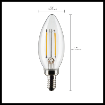 Satco 3 Watt B11 LED Filament - Clear - Candelabra Base - 2700K - 200 Lumens - 120 Volt - 2-Pack