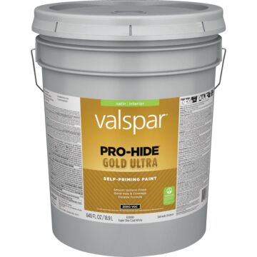 Valspar Pro-Hide Gold Ultra Zero VOC Latex Satin Interior Wall Paint, Super One-Coat White, 5 Gal.