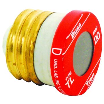 Bussmann Eaton Bussmann series Type TL plug fuse, plug fuse, time delay, 125 Vac, 10 kAIC (RMS Symmetrical) interrupt rating, 10 kA short circuit rating, threaded mount, plastic body, brass thread, edison base, 20 A