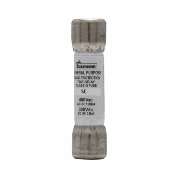 Eaton Bussmann series SC fuse, Current-limiting time-delay fuse, Rejection style, 30 A, Class G, Non-indicating, Ferrule end x ferrule end, 12 sec at 200%, 10 kAIC at 300 Vdc,100 kAIC at 480 Vac, Standard, 480 V, 300 Vdc