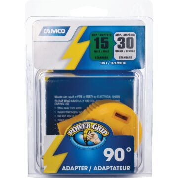 Camco Manufacturing Power Grip 15A Male to 30A Female 90 Deg RV Plug Adapter