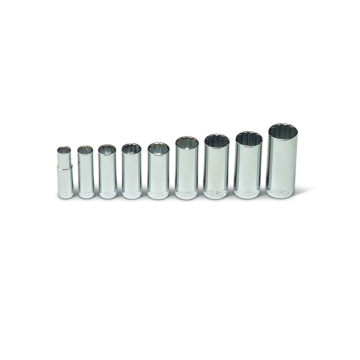 3/8" Drive 9 Piece Set - 12 Point Deep Sockets, 3/8" - 7/8"