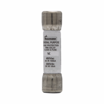 Bussmann Eaton Bussmann series SC fuse, Current-limiting time-delay fuse, Rejection style, 30 A, Class G, Non-indicating, Ferrule end x ferrule end, 12 sec at 200%, 10 kAIC at 300 Vdc,100 kAIC at 480 Vac, Standard, 480 V, 300 Vdc