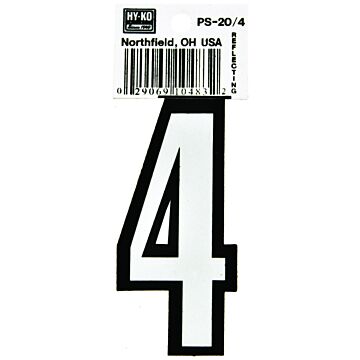 HY-KO PS-20/4 Reflective Sign, Character: 4, 3-1/4 in H Character, Black/White Character, Vinyl