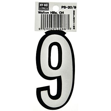HY-KO Hy-Ko PS-20/9 Reflective Sign, Character: 9, 3-1/4 in H Character, Black/White Character, Vinyl