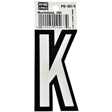 HY-KO Hy-Ko PS-20/K Reflective Letter, Character: K, 3-1/4 in H Character, Black/White Character, Vinyl