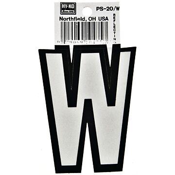 Hy-Ko PS-20/W Reflective Letter, Character: W, 3-1/4 in H Character, Black/White Character, Vinyl