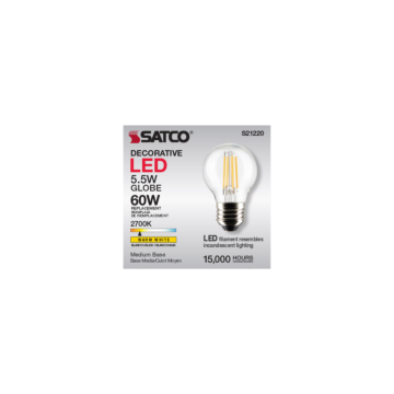Satco 5.5 Watt G16.5 LED Filament - Clear - Medium base - 90 CRI - 2700K - 120 Volt