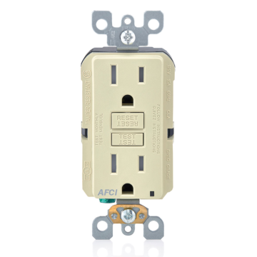 15 Amp, 125 Volt Receptacle/Outlet, 20 Amp Feed-Through, Tamper-Resistant, AFCI Receptacle/Outlet, Monochromatic, back and side wired, without wallplate/faceplate, screws and self grounding clip included - Ivory