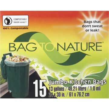 Bag-To-Nature Compostable Kitchen Trash Bag (Green - 15pk) 13 gal