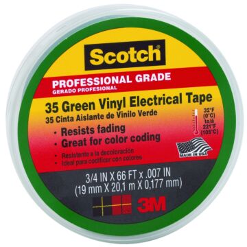 Scotch 10851-DL-10 Electrical Tape, 66 ft L, 3/4 in W, PVC Backing, Green