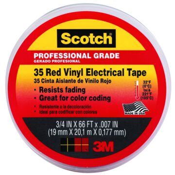 Scotch 10810-DL-2W Electrical Tape, 66 ft L, 3/4 in W, PVC Backing, Red