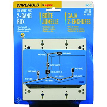 Wiremold NM NM3-2 Outlet Box, 2 -Gang, 0 -Knockout, Plastic, Ivory, Wall Mounting