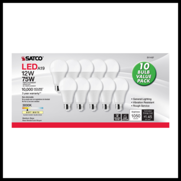 Satco 12 Watt A19 LED - 3000K - 75 Watt Replacement - Medium base - 220 deg. Beam Angle - 10-Pack