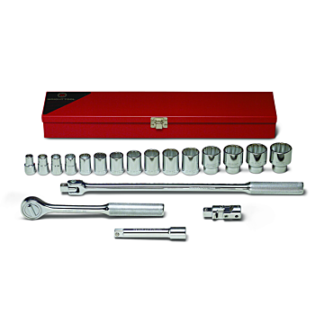 1/2" Drive 19 Piece Metal Boxed Set - 12 Point Standard Sockets, 3/8" - 1-1/4", Ratchet, Flex Handle, 5" Extension, Universal
