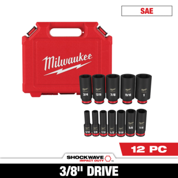 Milwaukee 12PC SHOCKWAVE™ Impact Duty 3/8" Drive SAE Deep 6 Point Socket Set