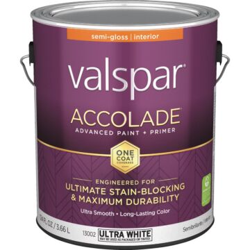 Valspar Accolade Super Premium 100% Acrylic Paint & Primer Semi-Gloss Interior Wall Paint, Ultra White Base, 1 Gal.