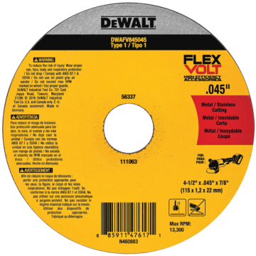DEWALT FLEXVOLT 4-1/2 In x .045 in Abrasive Chop / Cut-Off Blade with 7/8 in Arbor For Stainless & Mild Steel Cutting (1 Pack)