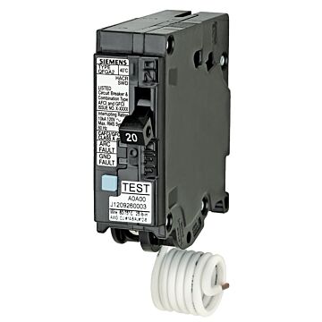 Siemens Q120DF Circuit Breaker, AFCI, GFCI, 20 A, 1 -Pole, 120 V, Instantaneous, Non-Interchangeable Trip, Black